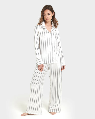 Beau Luxury Satin Long Pajama Set White/Black