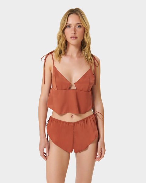 Nicole Luxury Satin Crop Cami and Short Set Baked Clay – Bluebella