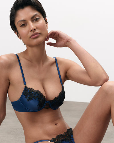 Ida Luxury Satin Moulded Bra Navy Peony/Black
